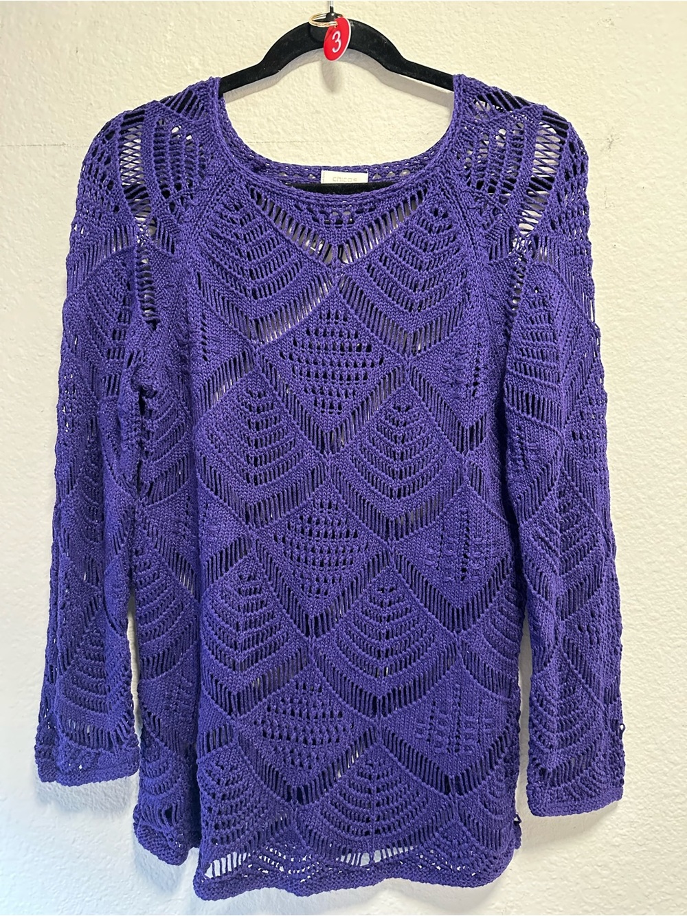 Chico’s Purple Crochet Open Knit Sweater Women’s Size 0 Boho Scalloped Hem